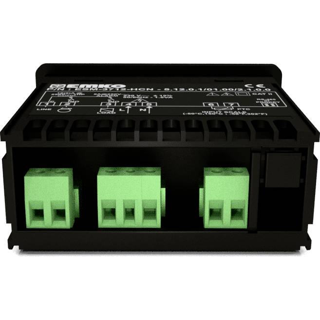 Schwarze Elektronikschaltbox mit grünen Anschlussklemmen, wahrscheinlich ein Steuergerät für technologische Anwendungen oder Installationen.