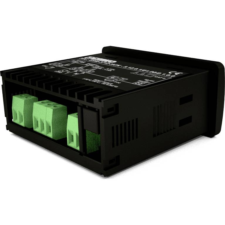 Ein elektronisches Gerät in Schwarz mit grünen Anschlüssen, verwendet für elektrische Verdrahtung. Marken- und Modellinformationen sind oben erkennbar.