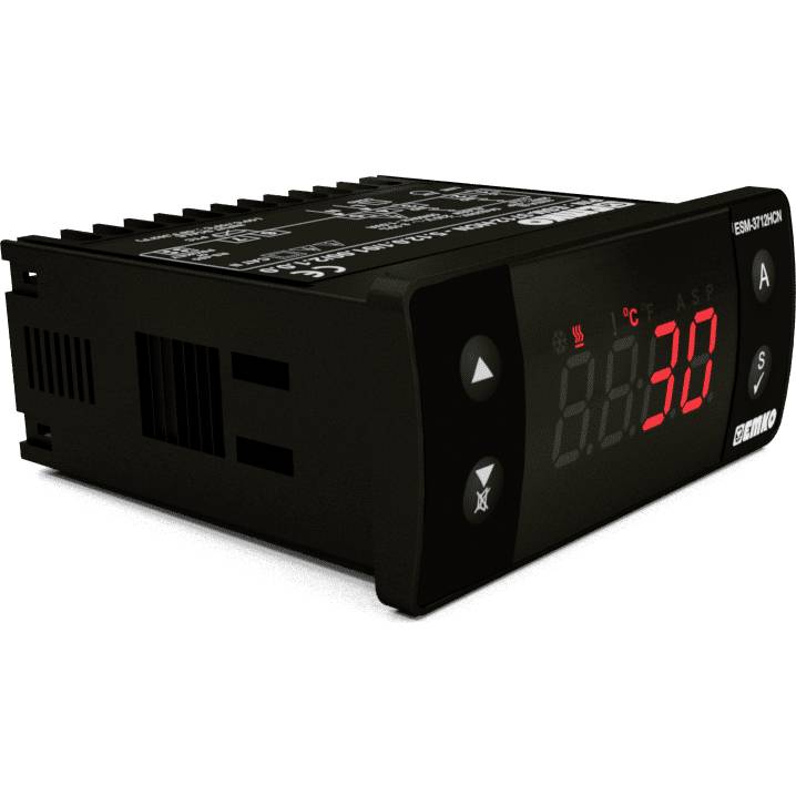 Ein digitaler Temperaturregler mit LED-Anzeige zeigt '30°C'. Das Gerät hat Tasten für Einstellungen und eine kompakte schwarze Bauform.