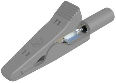 Eine graue Krokodilklemme mit geriffelter Spitze und metallischer Innenfläche, dient zum sicheren Verbinden von elektrischen Kabeln.