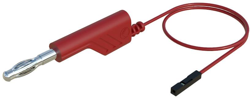 Ein roter Prüfstecker mit einem Krokodilklemmenende und einem angeschlossenen Kabel ist abgebildet.