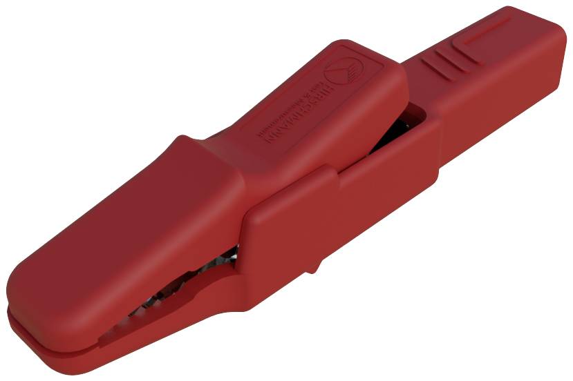 Eine rote Krokodilklemme, mit Plastikgehäuse, hauptsächlich zur Befestigung an elektrischen Leitern verwendet.