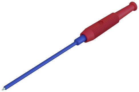 Ein langer, blauer Spannungsprüfer mit einem roten, geriffelten Griff.