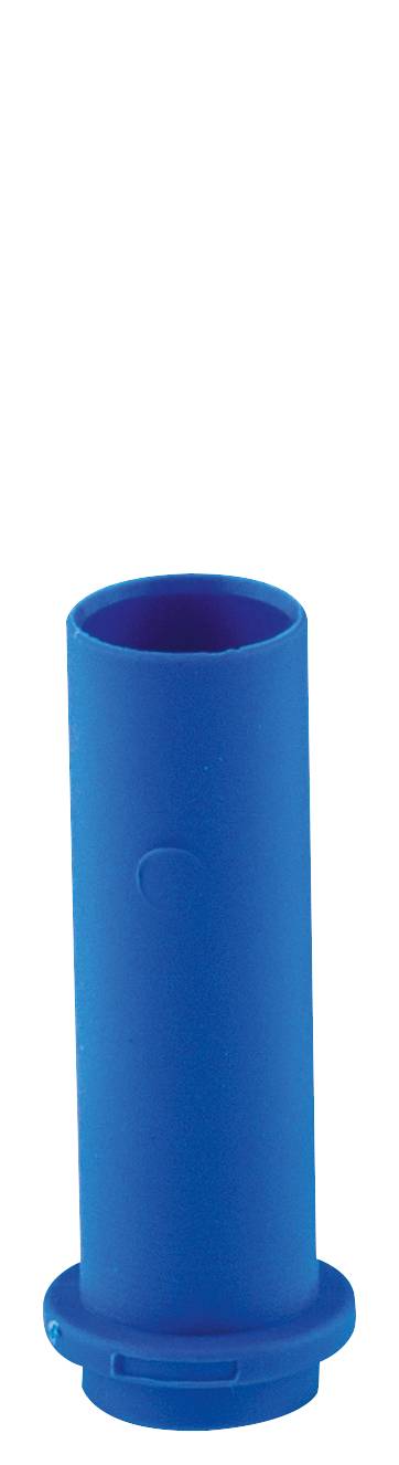 Blaues zylindrisches Kunststoffrohr mit flanschiger Basis, aufrecht auf weißem Hintergrund abgebildet.