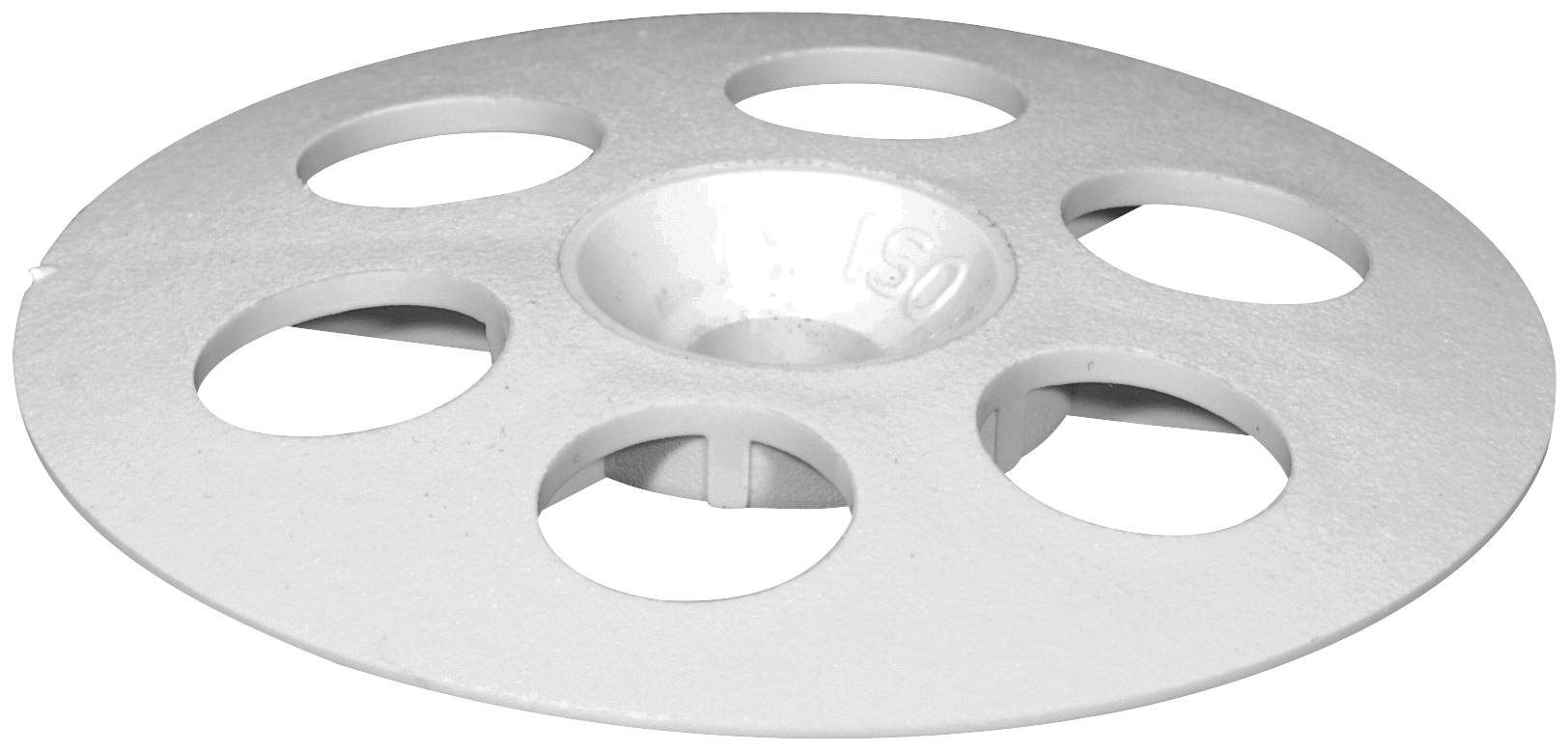 Silberne kreisförmige Metallabdeckplatte mit fünf großen Ausschnitten um eine erhöhte mittlere Öffnung, gezeigt auf weißem Hintergrund.