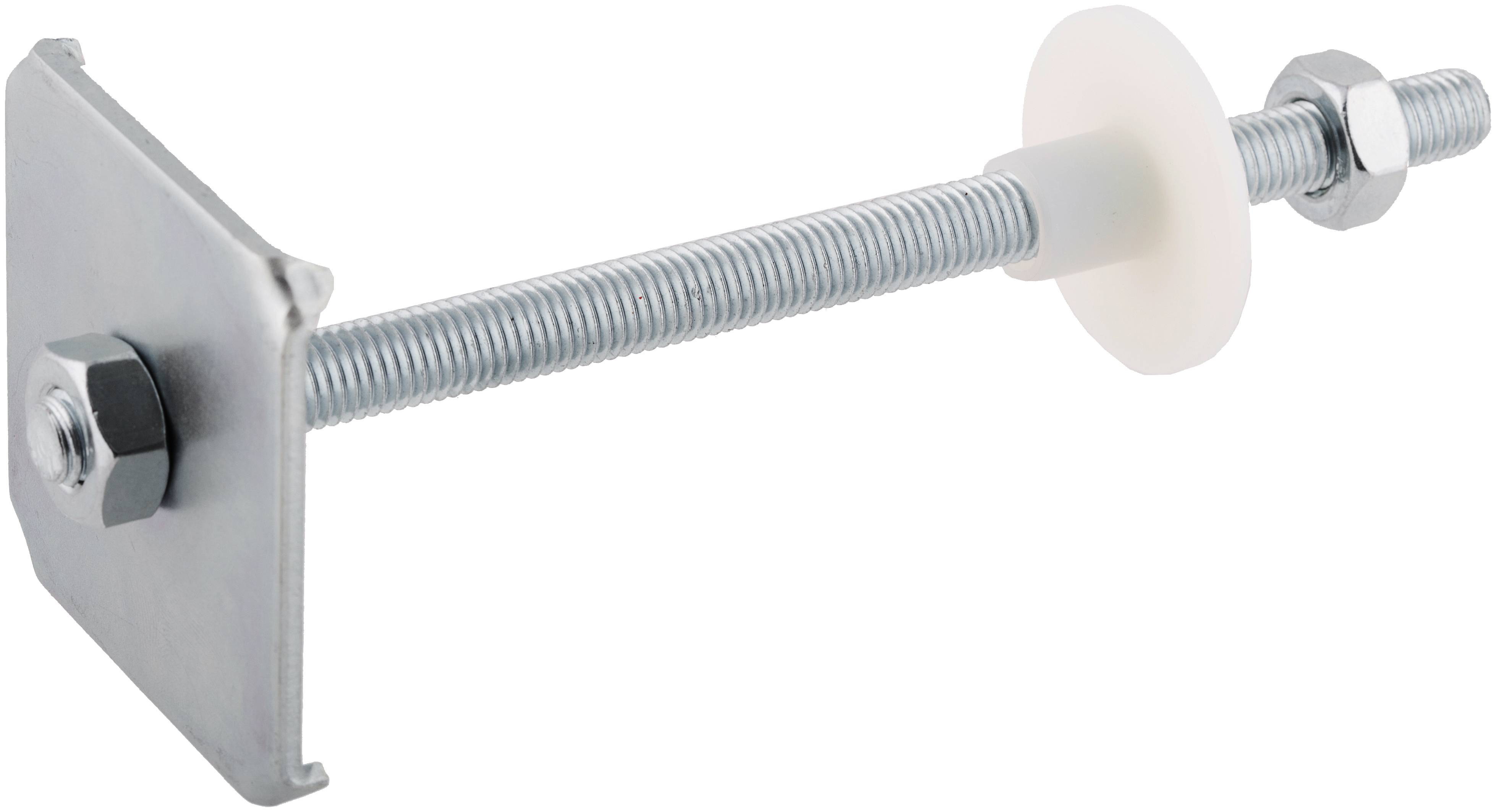 Metallgewindeankerbolt mit quadratischer Unterlegscheibe und Mutter auf weißem Hintergrund.