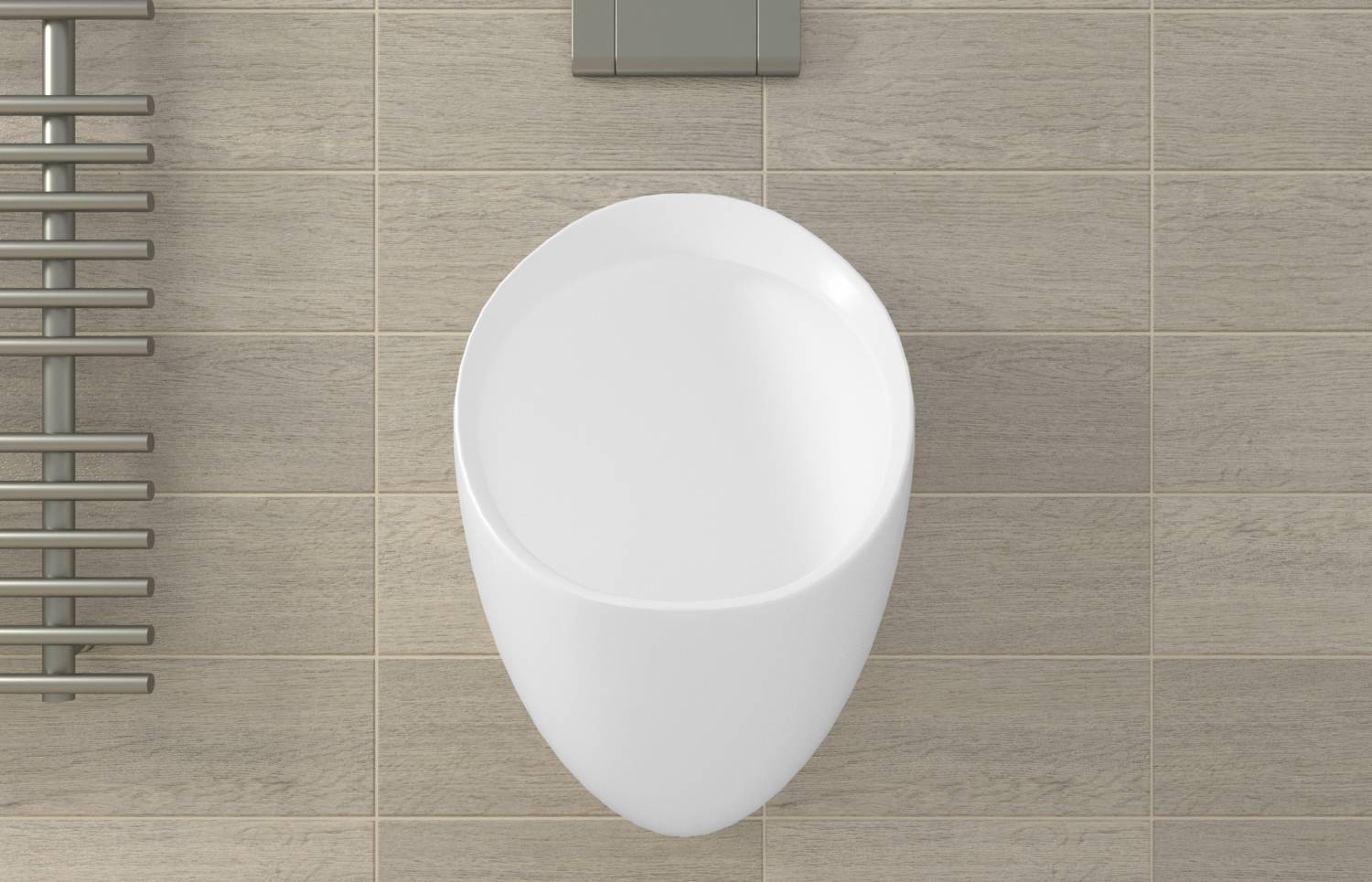 Draufsicht auf ein weißes, an der Wand montiertes Urinal auf einem beigefarbenen gefliesten Badezimmerboden, mit einem Metallhandtuchhalter auf der linken Seite.