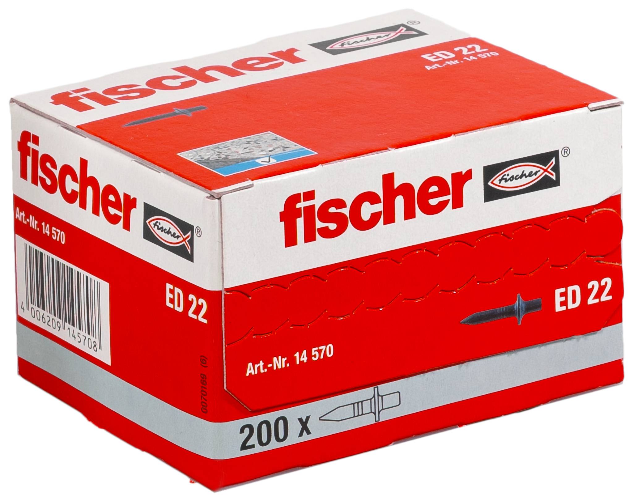 Rote und weiße Fischer ED 22 Produktbox mit der Bezeichnung '200 x' und 'Art.-Nr. 14 570', gezeigt auf weißem Hintergrund.