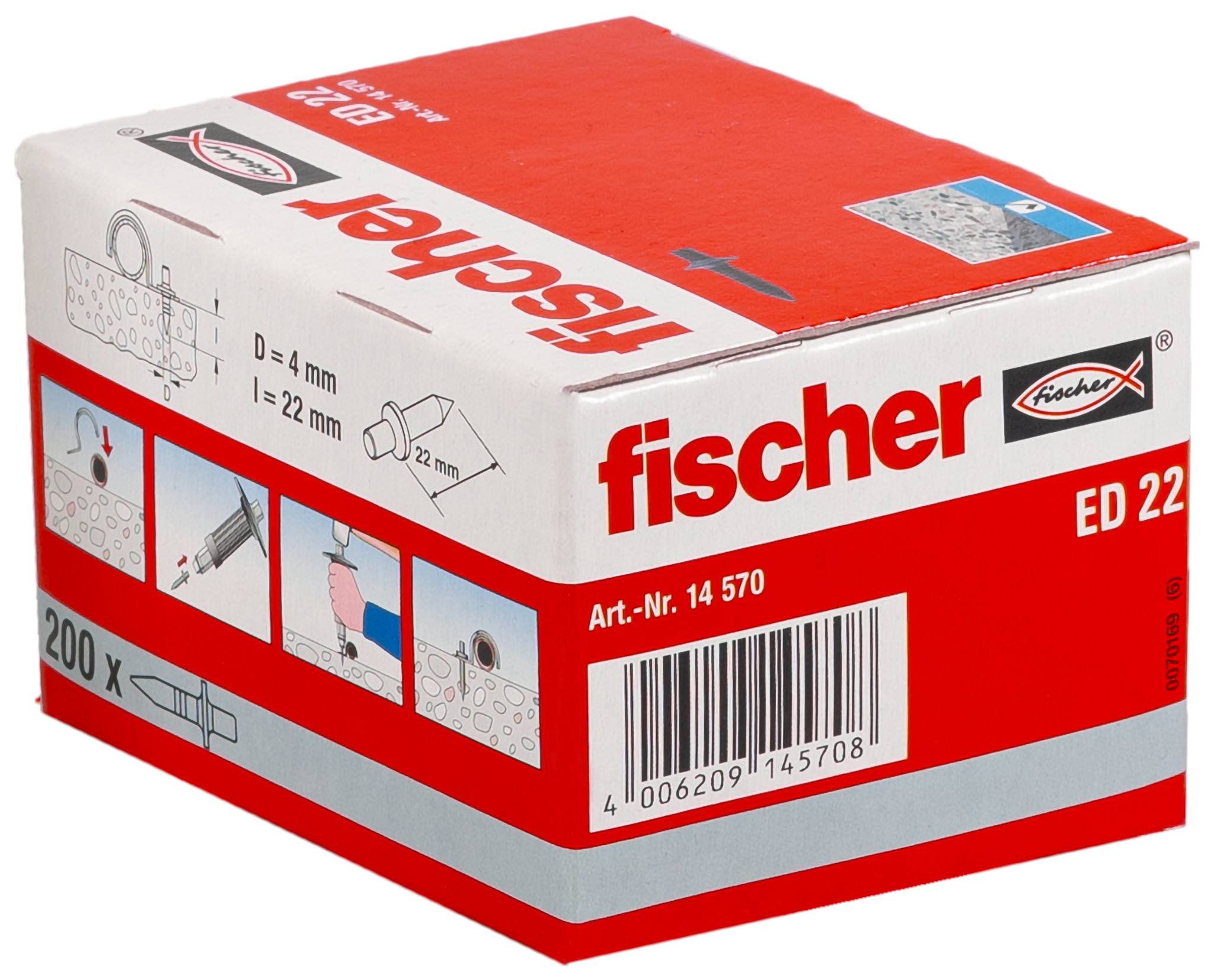 Karton mit Fischer ED 22 Wanddübeln, rot-weiße Verpackung mit Produktdiagrammen, Barcode und Anzahl von 200 Stück.