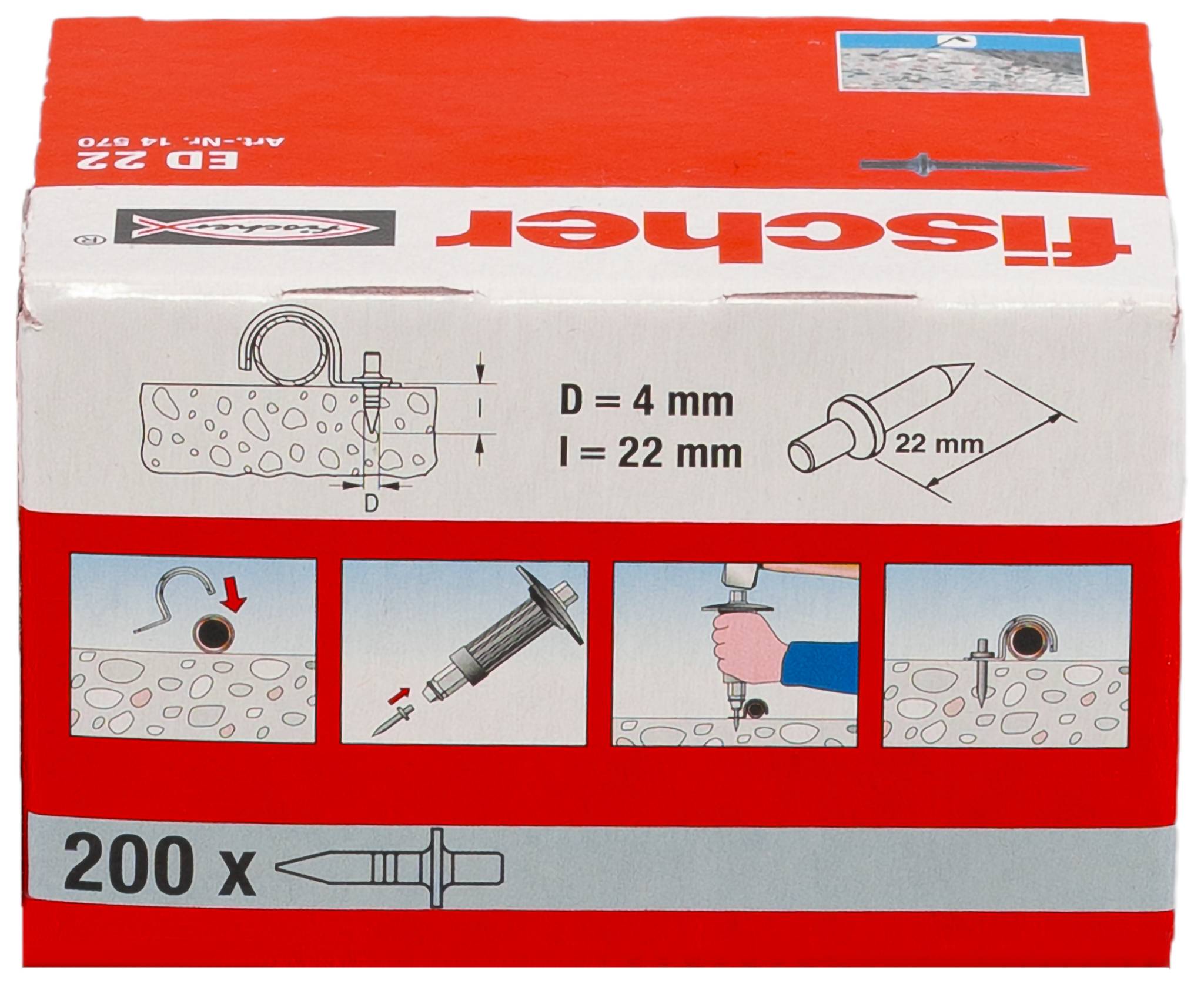 Karton mit Fischer-Dübeln mit den Abmessungen D=4 mm und l=22 mm, mit illustrierten Schritten zum Einsetzen und Befestigen; Packung mit '200 x' gekennzeichnet.