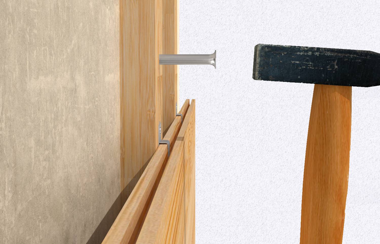 Nahaufnahme eines Hammers, der einen Nagel durch ein Holzbrett in eine Wand treibt und zeigt, wie das Brett an Ort und Stelle befestigt wird.