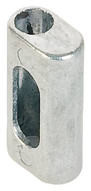 Ein kleiner silberner Metallverbinder oder eine Klemme mit einem oberen kreisförmigen Loch und einem Seitenschlitz, der durch den Körper geschnitten ist.