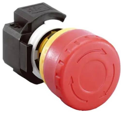 Roter Notausschalter mit schwarzer Befestigungsbasis und rotem Pilzknopf