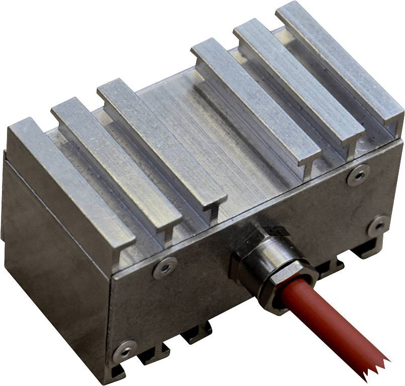 Metallisches Heizelement mit Kühlrippen und rotem Kabel.