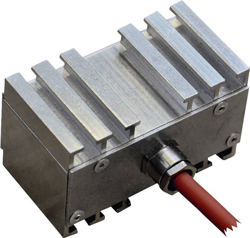 Metallischer Kühlkörper mit mehreren Rippen, verbunden mit einem roten Kabel. Verwendet zur Wärmeableitung bei elektronischen Geräten.