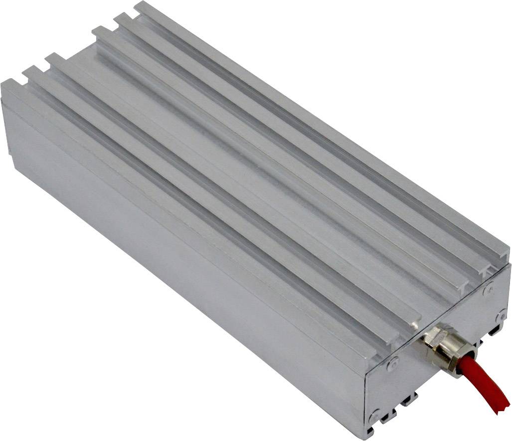 Metallischer elektronischer Kühlkörper mit Kühlrippen, rechteckig geformt, Kabel an der Seite befestigt.