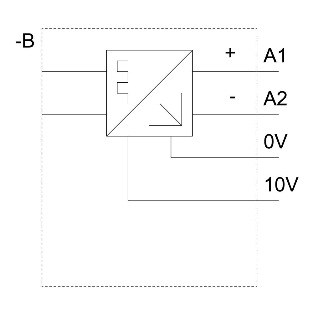Schaltplan zeigt einen Operationsverstärker mit Eingängen A1, A2 und 10V. Bezeichnete Leitungen: -B, +, -, 0V.