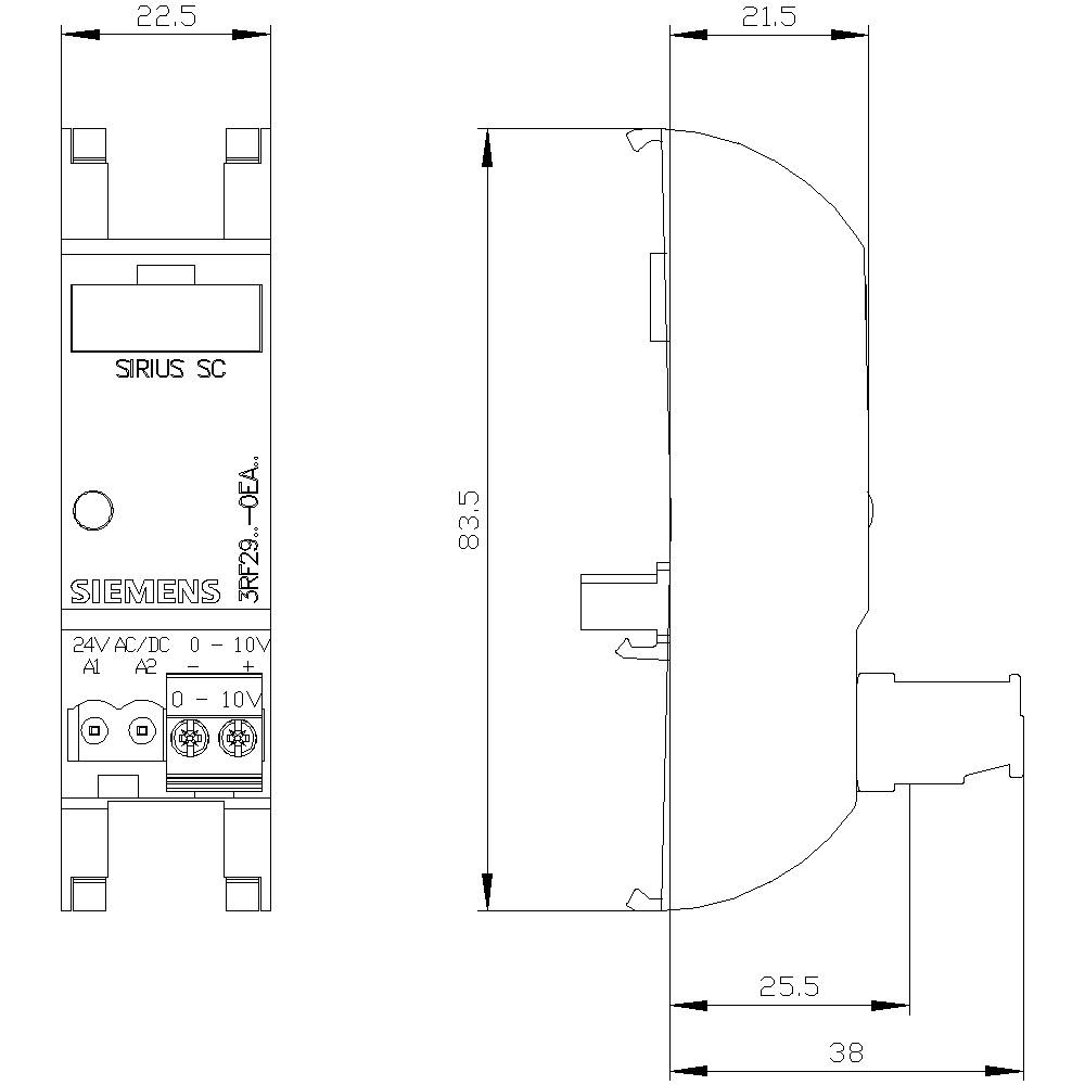 Technische Zeichnung eines Siemens SIRIUS SC Geräts mit Maßen: Breite 22,5 mm, Höhe 83,5 mm, Tiefe 21,5 mm. Zeigt Anschlüsse.