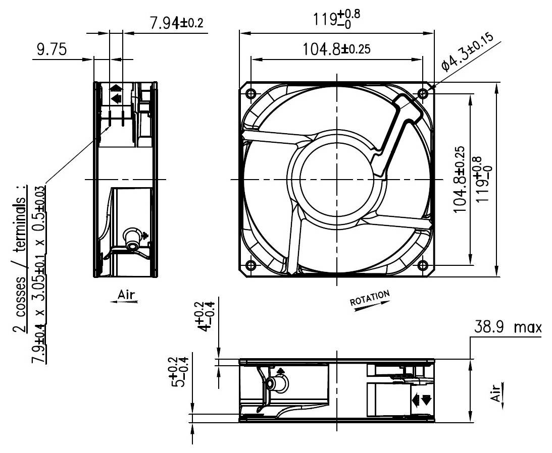 Technische Zeichnung eines Lüfters mit Abmessungen: 119x119x38,9 mm. Zeigt Seiten- und Frontansicht mit Luftstromrichtung, Drehrichtung und Anschlussposition.