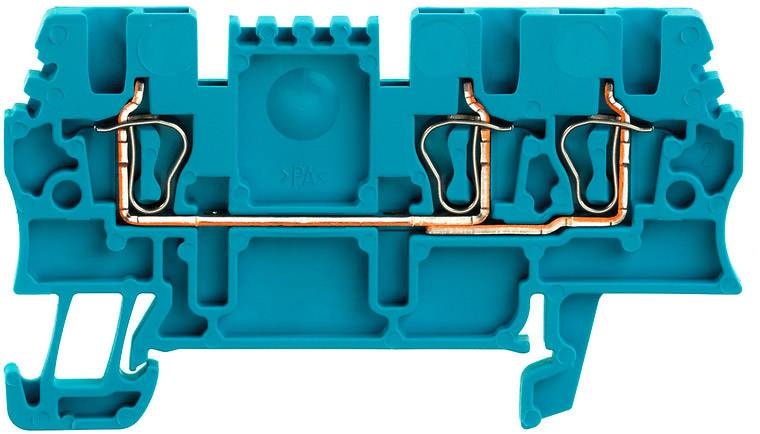 Elektrischer Leiterblock aus blauem Kunststoff mit Kupferdrähten für Verbindungen.