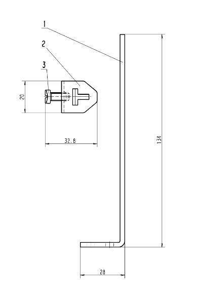 Technische Zeichnung einer Halterung mit Maßen. Seitenansicht zeigt Höhe von 134 mm und Basis von 28 mm. Detail zeigt Schnittstelle.