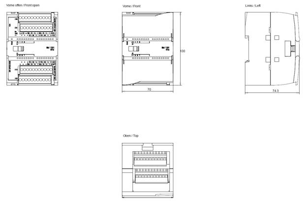 Linienzeichnungen einer Elektrotafel von Vorder-, Seiten- und Draufsicht mit den Abmessungen 100x70x74,3 und verschiedenen Kompartimentdetails.