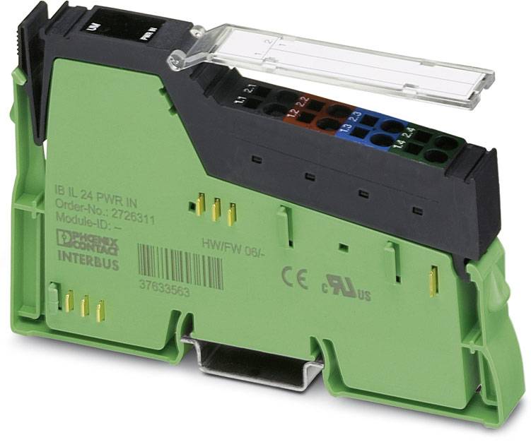 Ein grünes Elektronikmodul mit schwarzem oberen Bereich und sichtbaren Anschlüssen. Beschriftet mit 'INTERBUS' und verschiedenen Daten.