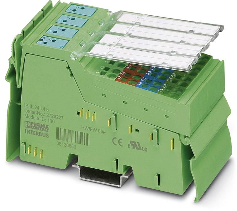 Grüne elektronische Bauteil-Modul für Steuerungsanwendungen mit Anschlussklemmen, spezifische Beschriftungen und Abkürzungen sichtbar.