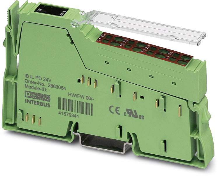 'Grünes elektronisches Modul mit Beschriftung 'IB IL PD 24V', zeigt Anschlüsse und technische Informationen. Verwendung für industrielle Steuerungen.'
