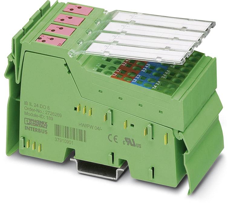 Grünes INTERBUS-Modul mit roten und blauen Steckplätzen. Text auf dem Modul: 'IB IL 24 D0 8', 'Order-No.: 2725639', 'Module-ID: 189'.