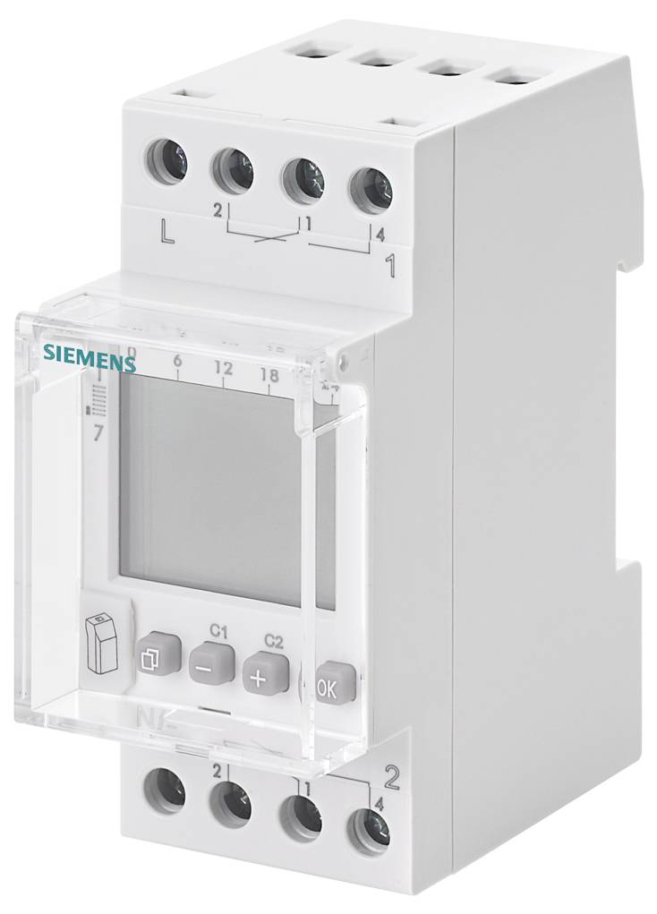 Ein elektronischer Timer von Siemens. Er hat ein digitales Display und mehrere Anschlüsse, geeignet zur Steuerung von elektrischen Systemen.