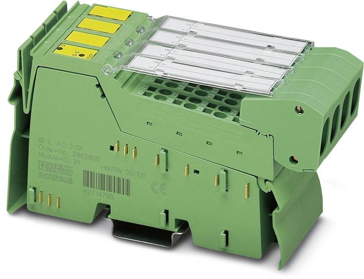 Industrieklemme in Grün mit gelben und durchsichtigen Komponenten. Wird zur Verbindung und Organisation von elektrischen Leitungen verwendet.