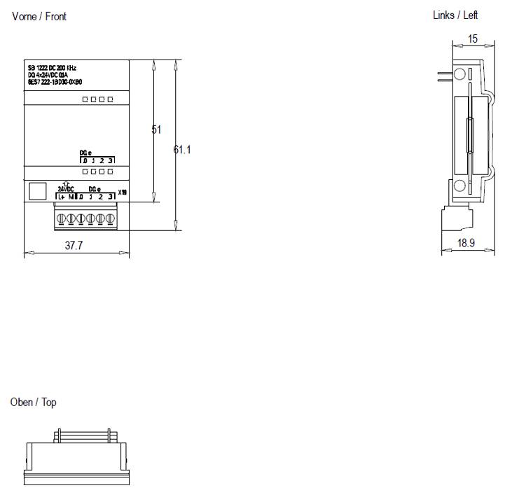 Front-, Links- und Draufsicht eines elektronischen Geräts mit Abmessungen: Front 97mm x 61,1mm, Links 18,9mm, Draufsicht 37,7mm.