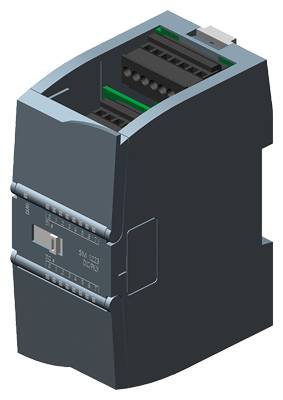 Ein 3D-Modell eines schwarzen elektronischen Geräts, möglicherweise ein SPS-Modul, mit sichtbaren Anschlüssen und Anschlussports auf der Oberseite und den Seiten.