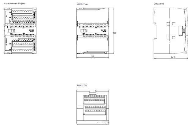 Technische Diagramme zeigen die Abmessungen und das Layout einer elektrischen Schalttafel aus verschiedenen Blickwinkeln: vorne, vorne offen, von links und von oben.