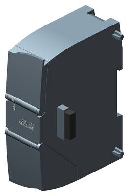 Ein 3D-Modell einer dunkelgrauen, rechteckigen elektrischen Komponente mit seitlich angebrachten Steckverbindern.