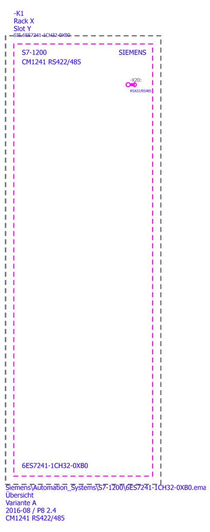 Diagramm eines S7-1200 Siemens CM1241 RS422/485-Moduls mit Anzeige von Steckverbindern, Platzierung und Teilenummern.