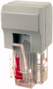 Grauer Stecker oder Adapter mit durchsichtigem Gehäuse und roten, gelben und weißen Elementen im Inneren.