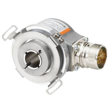 Industrieller Drehgeber-Sensor mit Metallgehäuse und Anschlussport auf weißem Hintergrund.