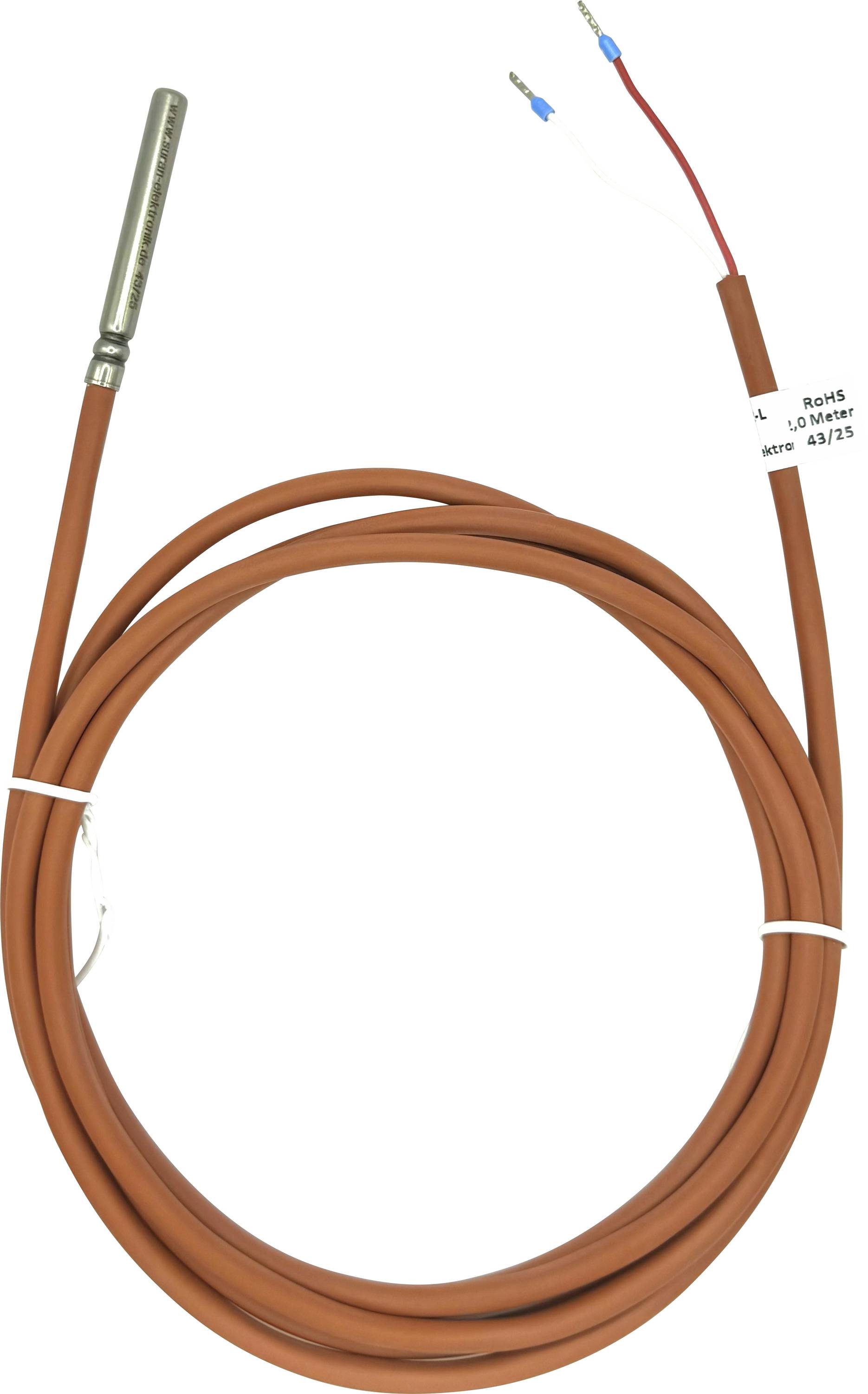 Ein langer roter Thermosensor-Kabel mit einer Metallsonde an einem Ende und zwei freiliegenden Drähten am anderen Ende, verwendet zur Temperaturmessung.