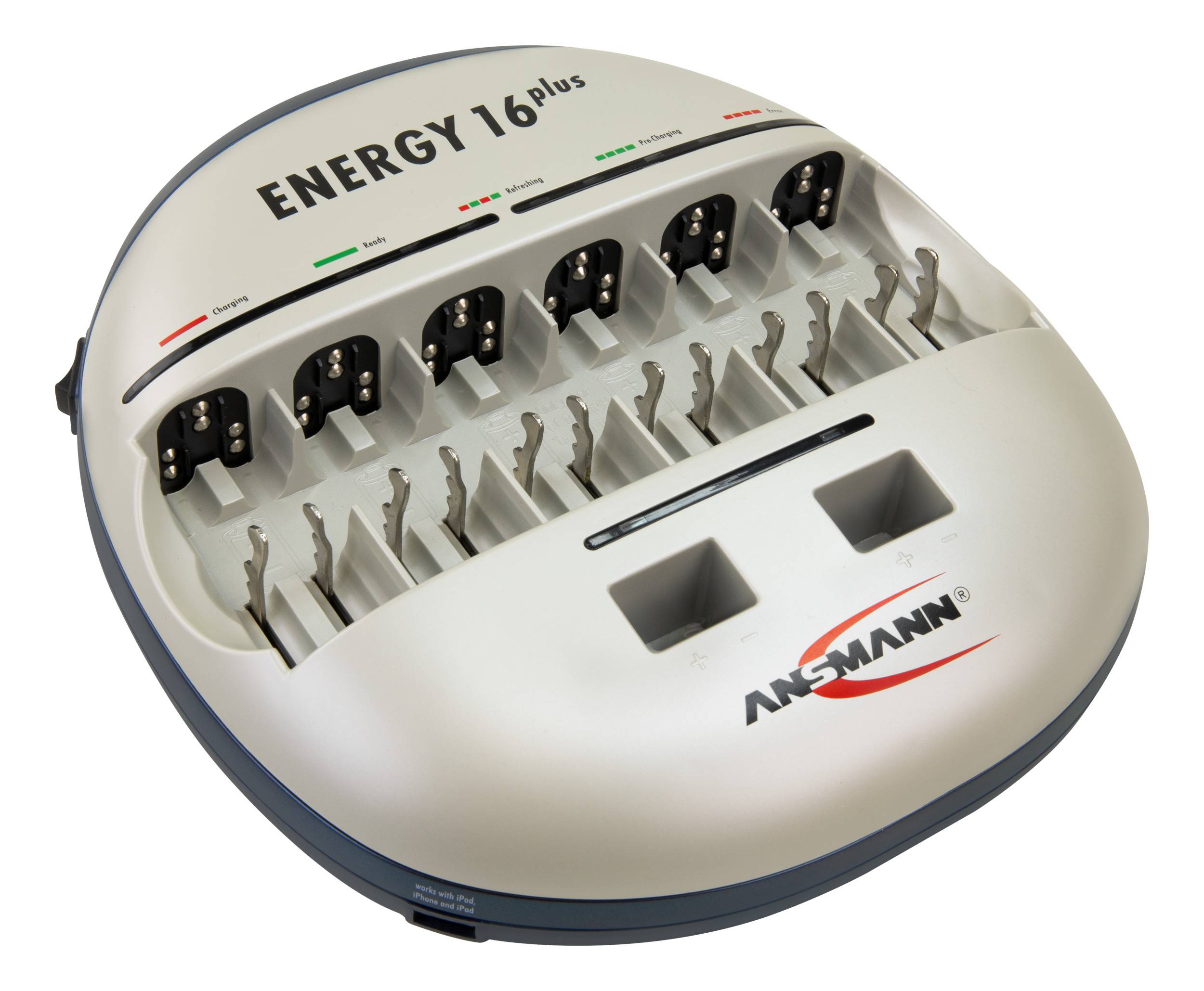 Ein Batterie-Ladegerät 'ENERGY 16 plus' von Ansmann mit mehreren Ladeplätzen, LED-Anzeigen für den Ladefortschritt erkennbar.