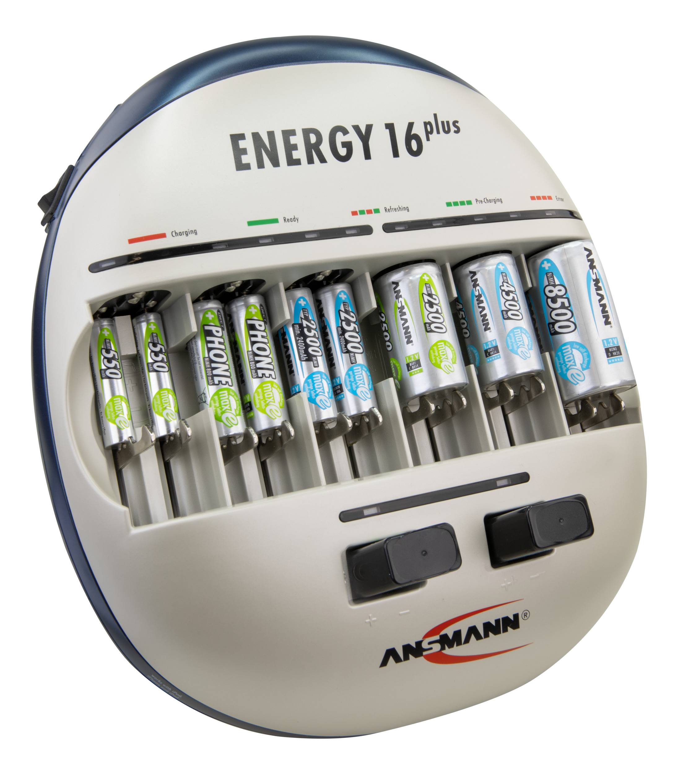 Ladegerät 'Energy 16 plus' mit sechzehn Akkus in verschiedenen Größen. Anzeigen für Ladezustand und Kapazität.