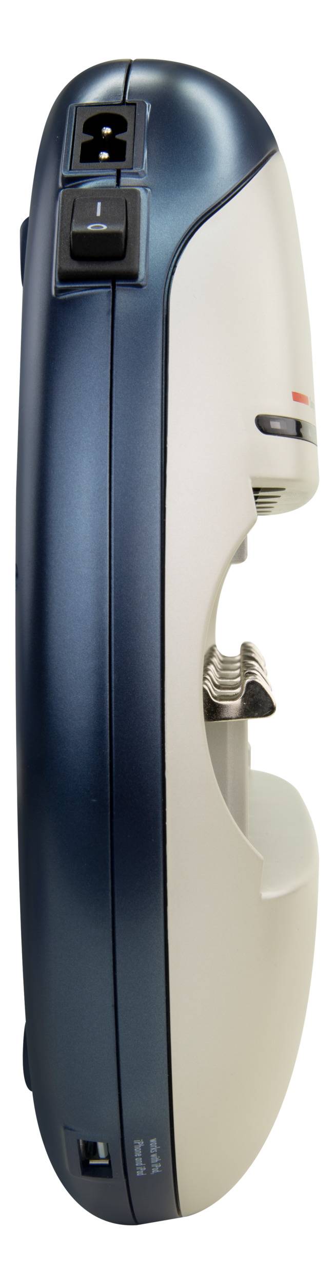Blau-beiger Haarschneider im Profilansicht mit Stromschalter und Kammaufsatz.