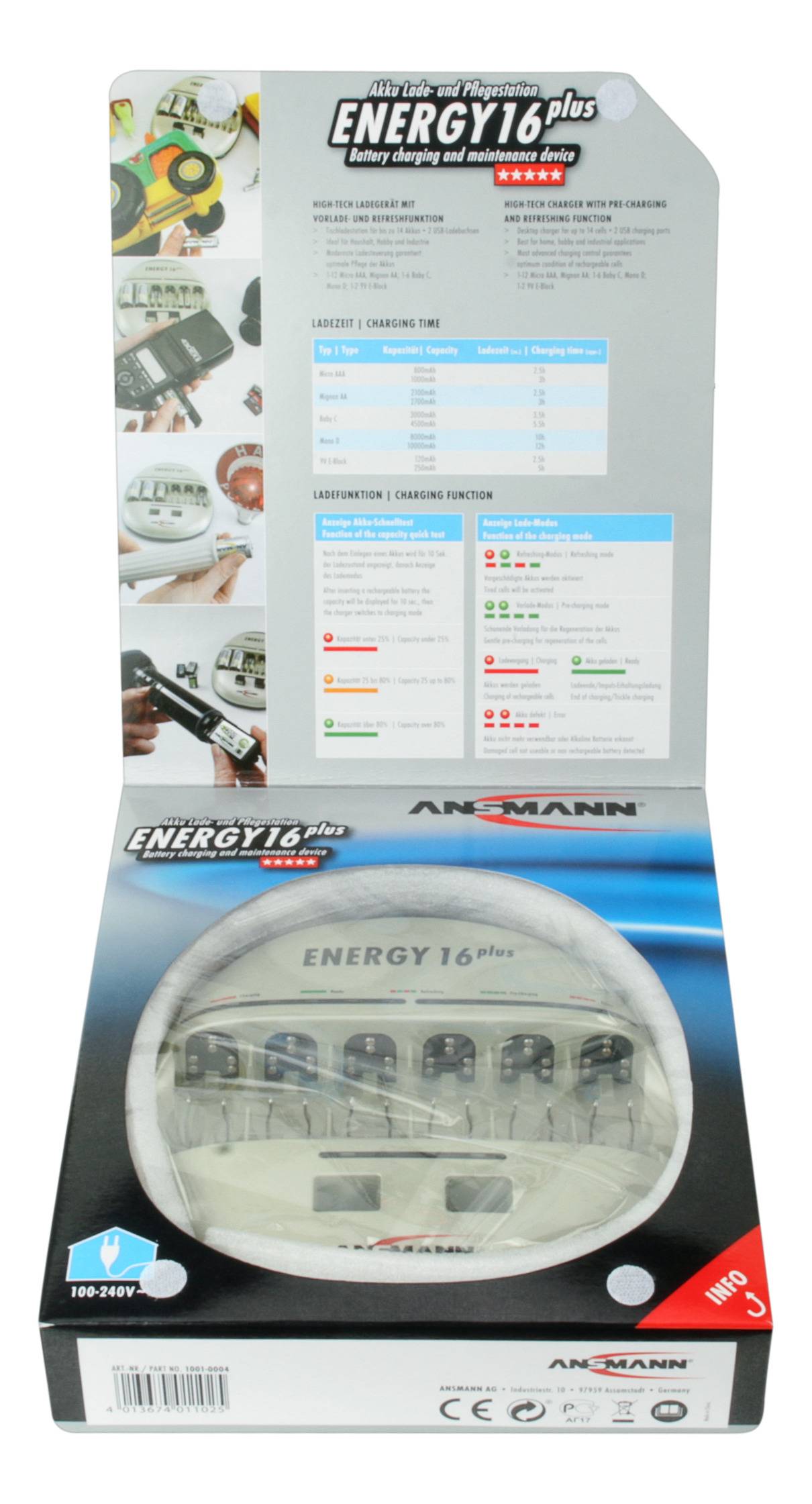 Ein Ladegerät für AA-Batterien mit der Aufschrift 'Energy 16 plus'. Verpackung mit Informationen zu Ladezeiten und Funktionen.