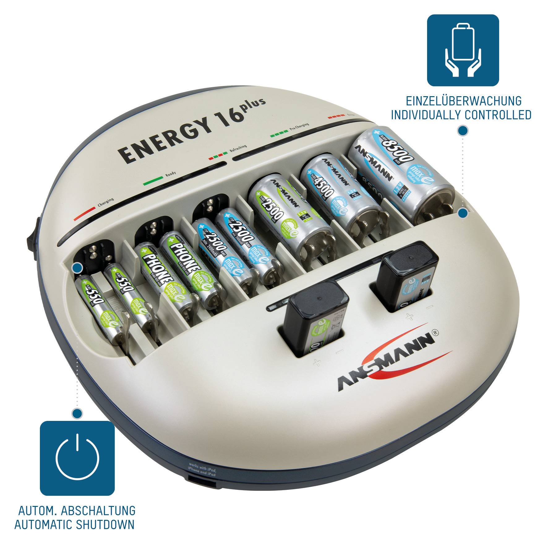 Ansmann Energy 16 plus Rundzellen-Ladegerät NiCd, NiMH Micro (AAA), Mignon (AA), Baby (C), Mono (D)