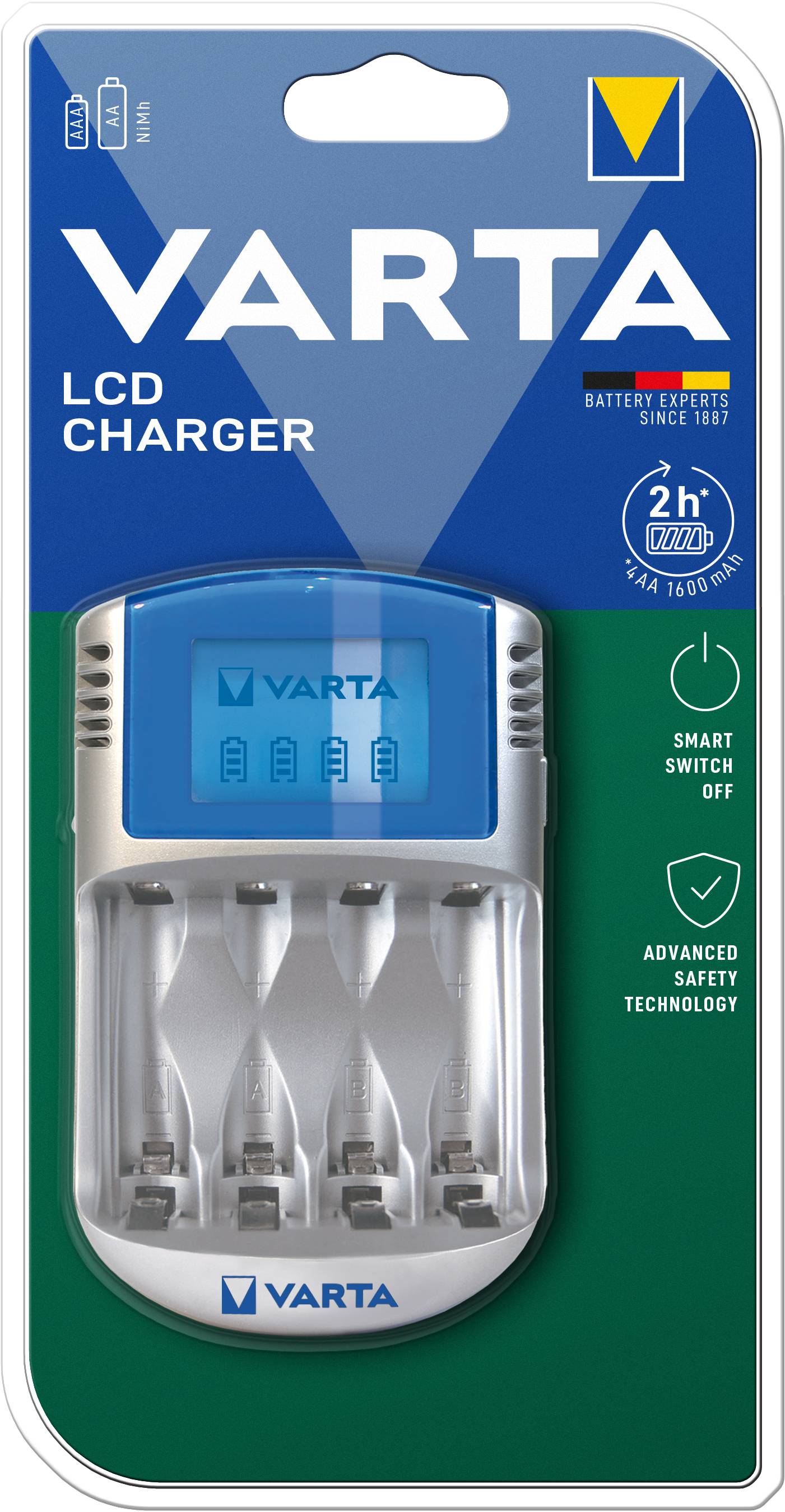 'VARTA LCD Charger' Verpackung zeigt Ladegerät mit vier Batteriefächern und LCD-Bildschirm. Funktionen: Smart Switch Off, Advanced Safety Technology. Ladezeit: 2 Stunden.