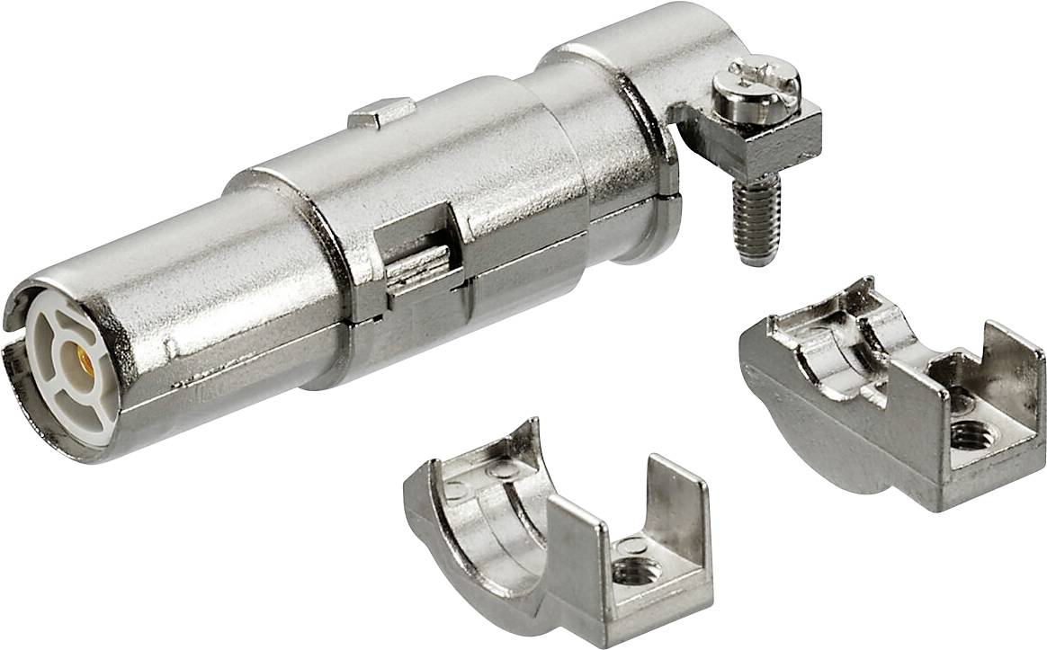 Ein Metallschliff-Anschlussverbinder mit zwei abnehmbaren Clips, der für Audio- oder Videogeräte verwendet wird. Er zeichnet sich durch ein zylindrisches Design mit sichtbaren Schrauben aus.