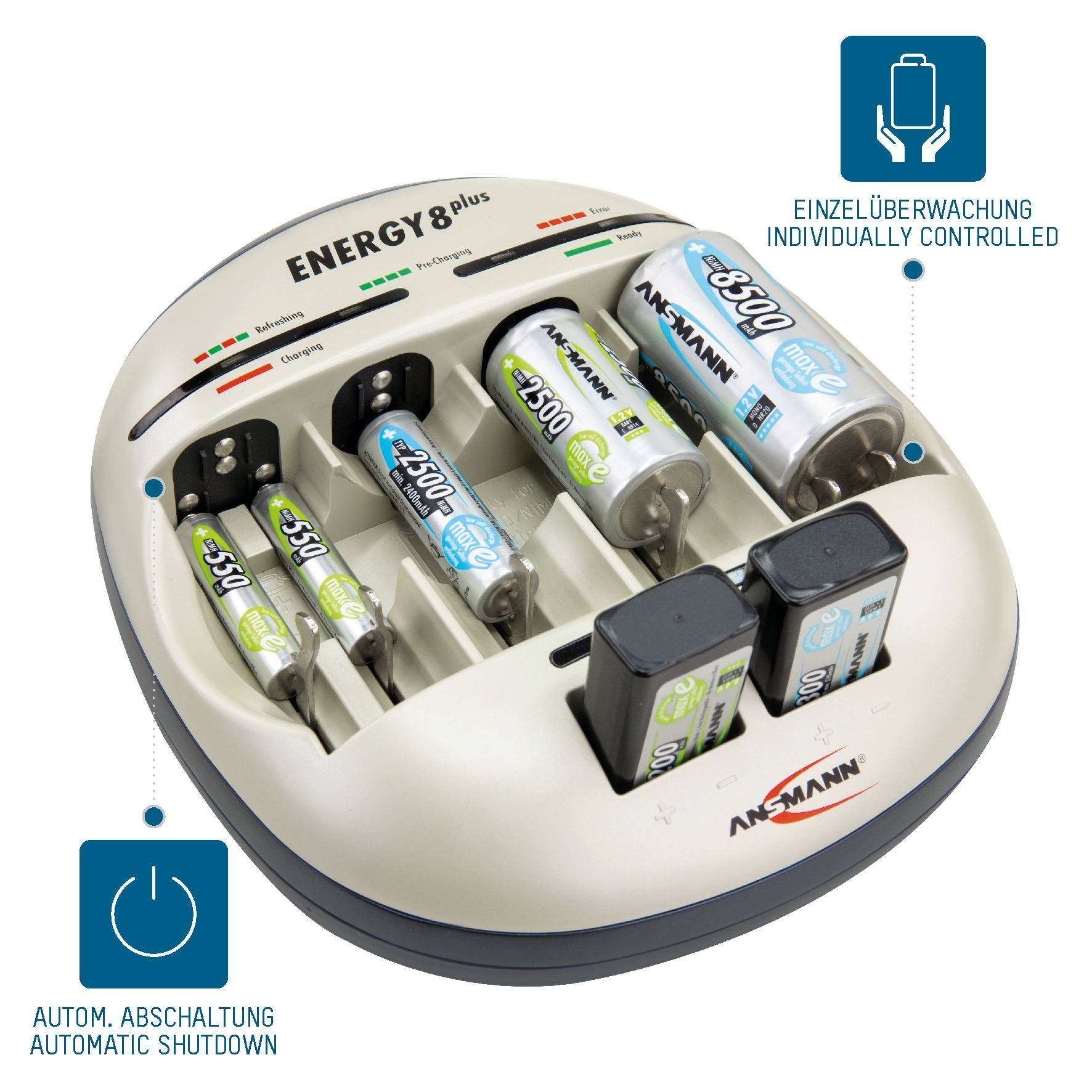 Ansmann Energy 8 plus Rundzellen-Ladegerät NiCd, NiMH Micro (AAA), Mignon (AA), Baby (C), Mono (D), 9 V Block