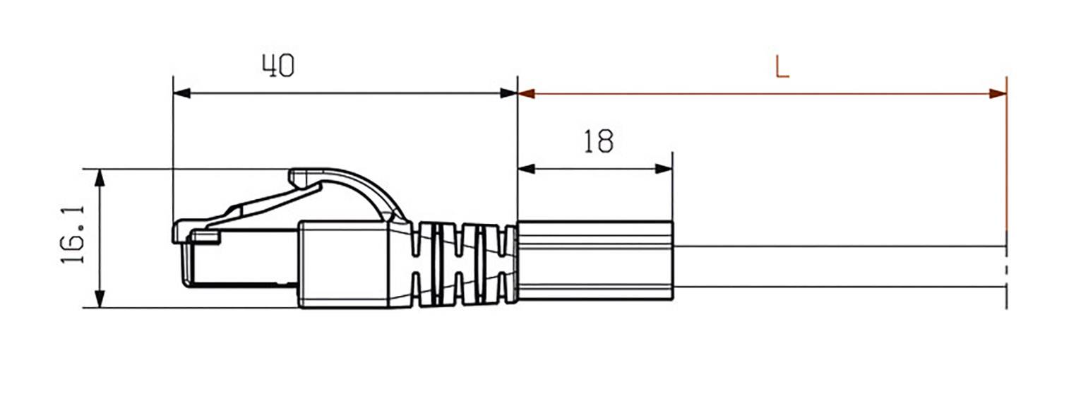 Seitenansicht eines Ethernet-Kabels mit Bemaßungen: Länge 'L', Breite 16,1 mm, Länge des Steckers 40 mm, abgerundeter Clip.
