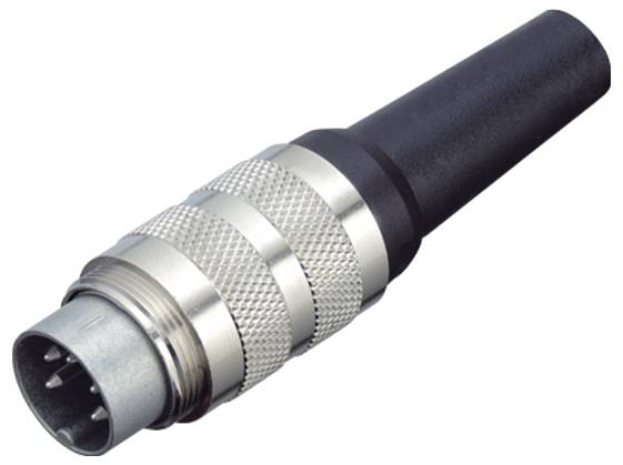 Ein schwarzer, zylinderförmiger Stecker mit silbernem Metallgehäuse und mehreren Pins, möglicherweise für elektronische Verbindungen.